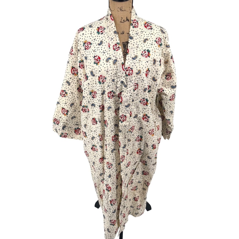 Vtg Aristeo Womens Cream Floral Paisley Terry Cloth Robe O/S Made in USA NO BELT